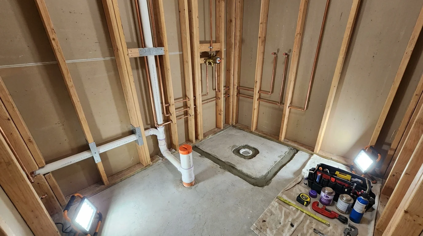 Bathroom rough-in plumbing during remodel by Johns Plumbing LLC in Springfield