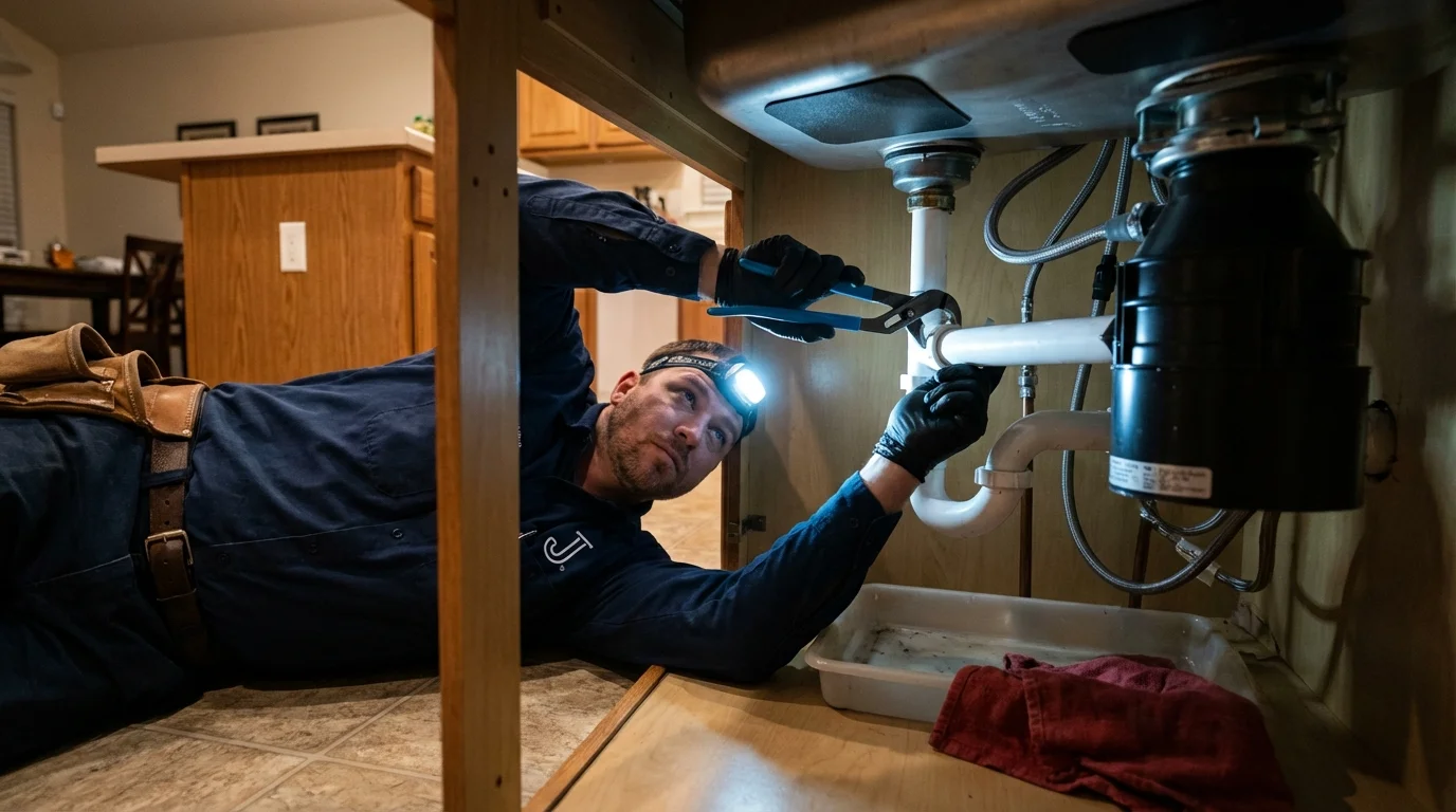 P-trap and supply line connections under a kitchen sink showing a common leak point in Springfield, SD